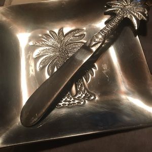 Vintage silver metal palm tree tray and knife set